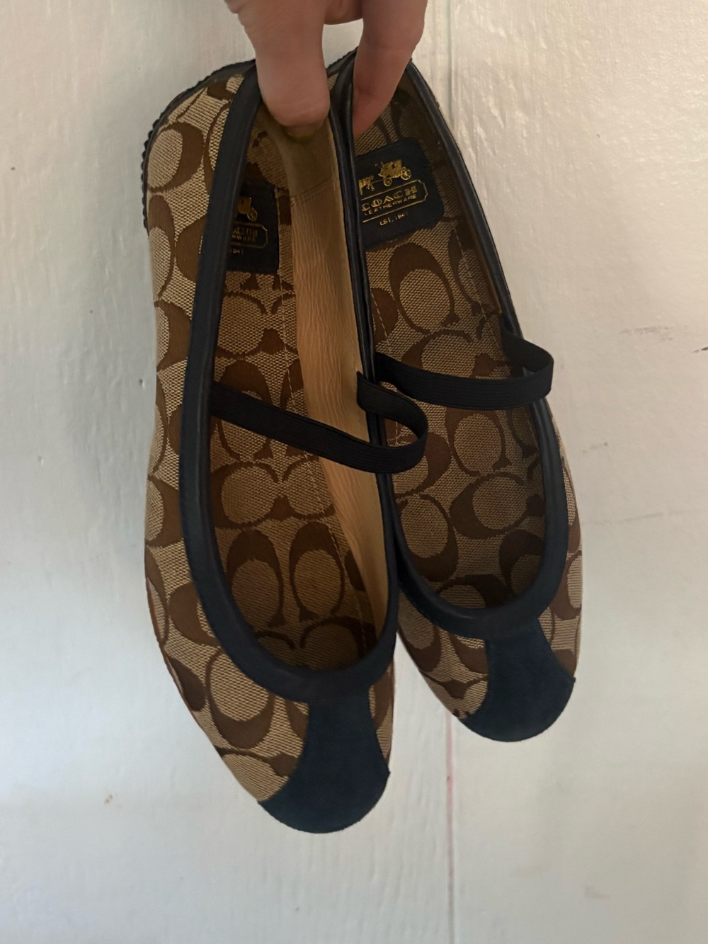 Coach Brown Signature Canvas Mary Jane Ballet Flats with Dark Blue Trim